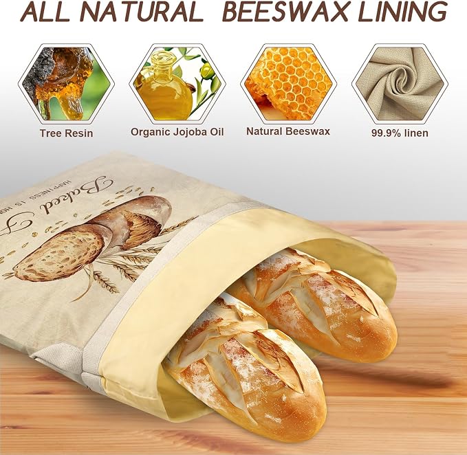 2 Pack Beeswax Bread Bags for Homemade Bread, Sourdough Storage XL 17"x13" | Reusable Bees Wax Bread Bag & Keeper, Natural Linen with Premium Box for Home Baking, Freezer Storage & Outdoor Use