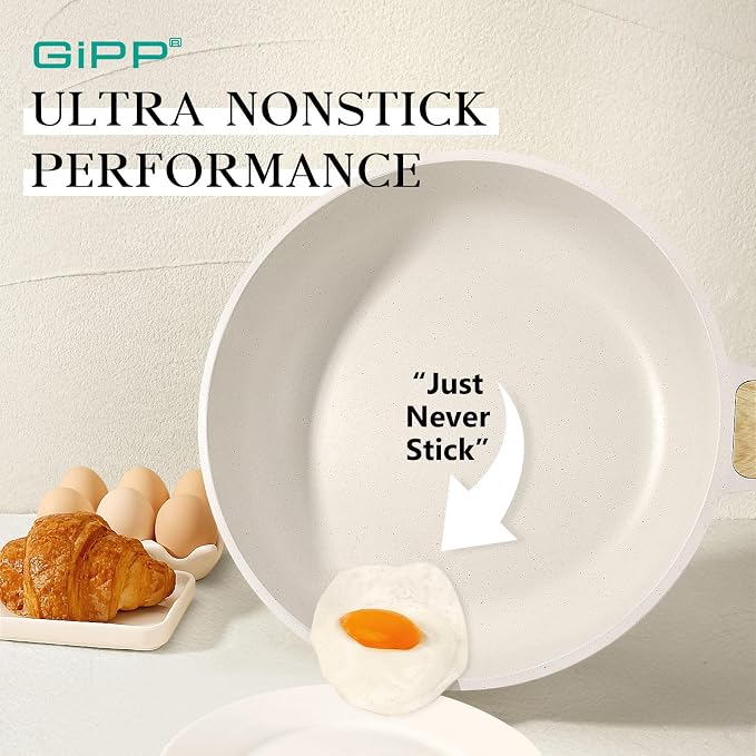GiPP Non Stick Frying Pan Set - 9.5" 10.2" 11" Granite Nonstick Pan Skillet, Non Toxic Pans for Cooking, Omelette Pans with Stay Cool Handle, Induction Compatible, PFAS/PTFE/PFOA Free, White