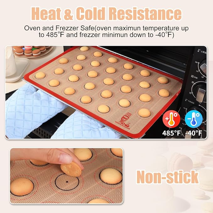 Folksy Super Kitchen Silicone Macaron Baking Mat - Set of 3 | 2 Half Sheet and 1 Quarter Sheet, Non Stick Silicon Oven Liner For Macaroons and Cookies (16.5x11.6, Red)
