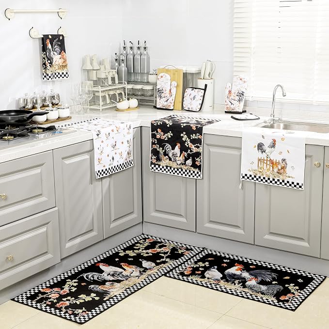 Fourluoo 10 Pcs Rooster Kitchen Dish Towels Rugs Oven Mitts and Pot Holders Set Farmhouse Kitchen Decor Set for Women Mom Daughter Gift Cooking Baking Grilling (Vintage Black White)