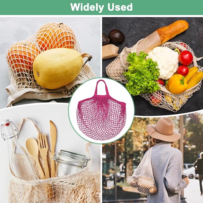 M METERXITY 2-Pack Cotton Mesh Bag, Reusable Washable Mesh Net String Grocery Bags, Reusable Produce Bags with Handle, Net Tote Bag for Fruits/Vegetables Shopping [Rose Red, Long&Short Handle]