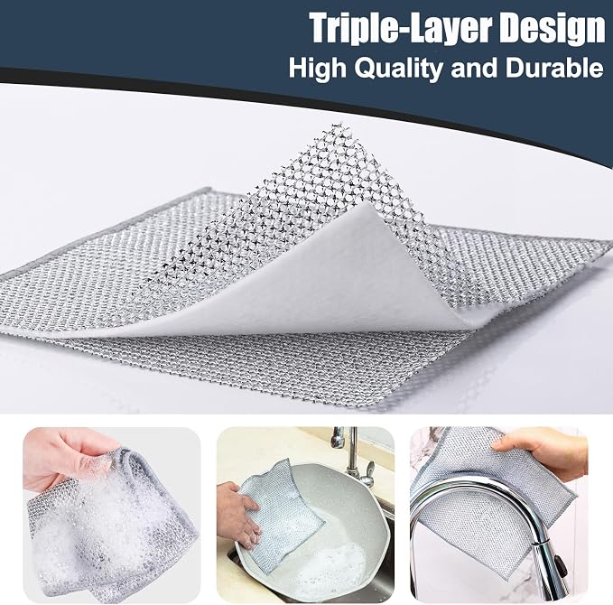 12 Pcs New Upgrade Steel Wire Dishcloth,Triple-Layer Steel Wire Cleaning Cloth,Powerful Cleaning Non-Scratch Wire Dishcloth Rag for Cookware, Sinks, Dishes, Stove Tops