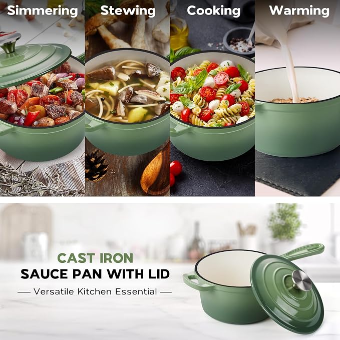 Onader Enameled Cast Iron Saucepan Set, 1 Quart & 2 Quart Sauce Pan with Lid, Small Cast Iron Pot for Cooking, Enamel Dutch Oven Nonstick & Heavy Duty – Pistachio Green