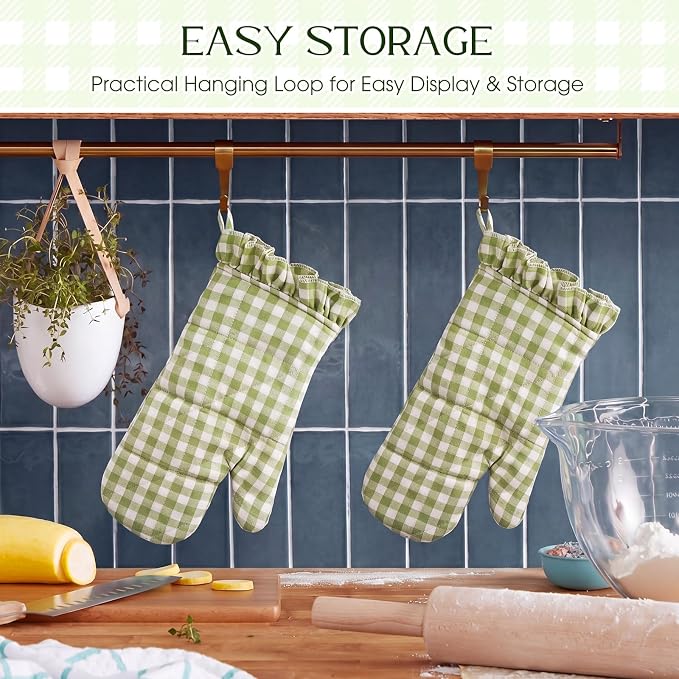 Twistover Checkered Oven Mitts 2-Pack Set, Cotton Gloves,Green | 13.5x6.5 Inch Size with Ruffle Trim, Non-slip Heat Resistant for Baking BBQ Microwave, Plaid Cotton for Cooking