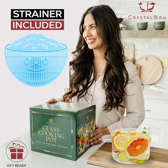 Crystalbru 2L Clear Glass Simmer Pot with Lid & Strainer | Heat-Resistant Borosilicate Glass Pot for Potpourri | Simmer Pot for Home Fragrance | Glass Pots for Cooking on Stove | Anti-Scald Handles