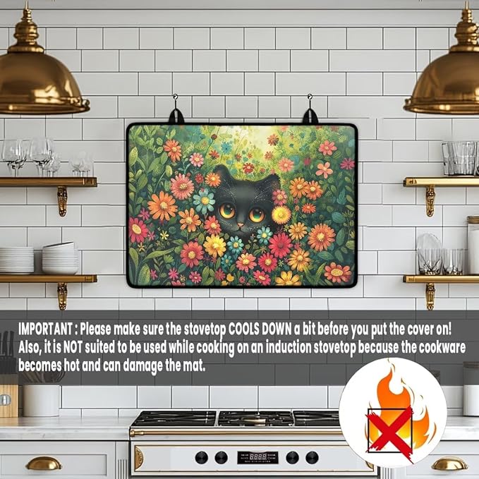 Black Cat Daisy Sunflower Plant Print Electric Stove Top Cover Dust Protection Glass Cooktop Protector Anti-Slip Range Covers with Lanyards Dish Drying Mat, 29.18 x 20.96 inch