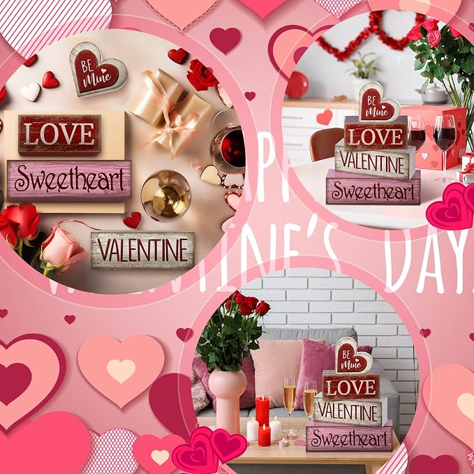 Lineshading 4 Pcs Wooden Valentine Block Signs Tiered Tray Decor