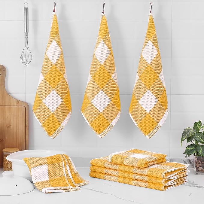 Homaxy Kitchen Towels and Dishcloths Set, Set of 12, White & Golden Yellow | Bulk Cotton Waffle Weave Check Plaid Kitchen Towels, Super Soft and Absorbent Dish Cloths, 12 x 12 and 13 x 28 Inches