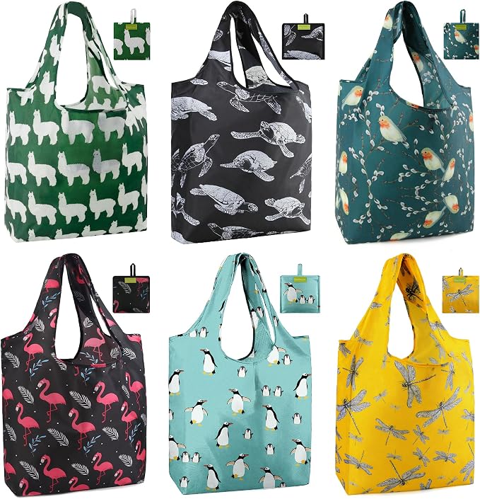 BeeGreen Animal Reusable Shopping Bags Cute Grocery Bag 6 Pack, Christmas Gift Bags Heavy-Duty Foldable Shopping Totes for Supermarket, Work & Travel, Large Washable Polyester Tote Bag with Handles