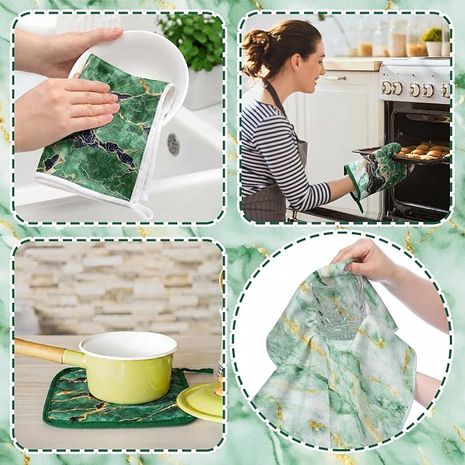 Leinuosen 8 Pcs Green and Gold Marble Kitchen Towels and Dishcloths Sets Oven Mitts and Pot Holders Absorbent Kitchen Gloves Potholders Heat Resistant for Chef Baking Cooking