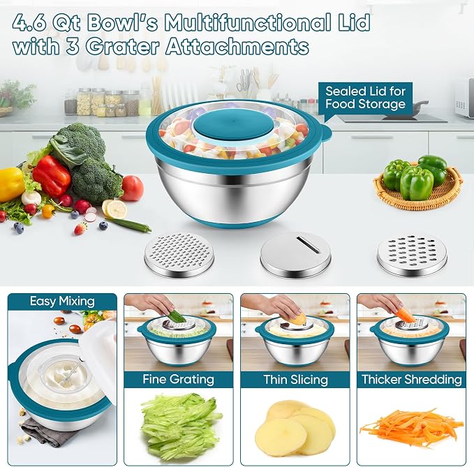 P&P CHEF Mixing Bowls with Lids, Metal Mixing Bowl with Colander, Blue | 3 PCS Stainless Steel nesting bowls for Prepping, Storing, Colander for Draining, 3 Grater Attachments & Non-Slip Bottoms