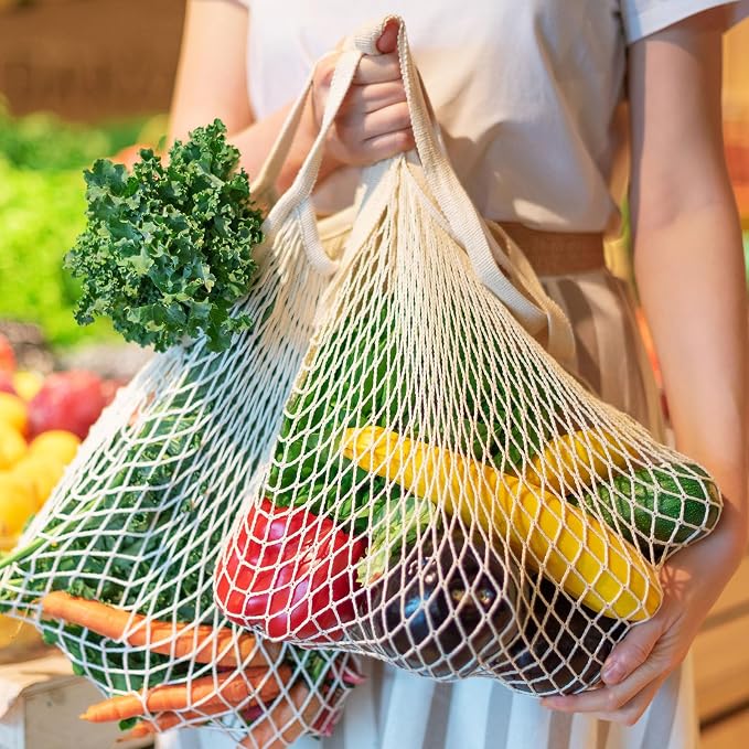 Woanger 24 Pcs Beige Short Handle Reusable Cotton Mesh Produce Shopping Bags Washable Grocery Net Portable Fruit and Vegetable Cotton String Bags Net Tote Organizer (Pack of 2)
