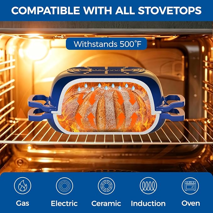 Wildone Enameled Cast Iron Dutch Oven Pot with Lid, Oval Bread Oven | Loaf Cast Iron Bread Pan for Homemade Bread Baking, Meatloaf Pan with Lid, 5.5QT, Blue