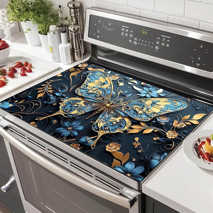 HOMETITUTE Blue Gold Butterfly Stove Top Cover 28x20 Diatomite Mat