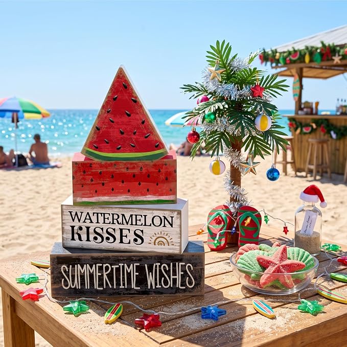 Lineshading 4 Pcs Summer Table Decor Wooden Watermelon Tiered Tray Decor | Stackable Summer Home Decoration, Rustic Tabletop Piece for Birthday Party, Watermelon Kisses Summertime Wishes Signs