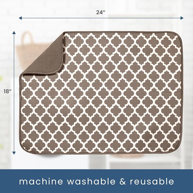 S&T INC. Dish Drying Mat, 18" x 24", XL, Tan Trellis | Absorbent Microfiber, Extra Large Kitchen Counter Mat for Dishes, Utensils, Pots and Pans, Machine Washable