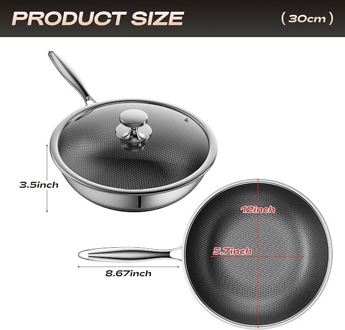Wok,Hybrid 12-Inch Wok with Lid,Nonstick Stainless Steel Woks & Stir-fry pans,Dishwasher-Friendly,PFAS PFOA PTFE Free, Oven-Safe Up to 600°F,Compatible with All Cooktops