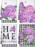 4 Pcs Hydrangea Kitchen Towels Purple Hand Dish Towels Gifts | Butterfly Floral Flower Fast Drying Absorbent Tea Cloths Housewarming Gift for Home Cooking Kitchen Bathroom