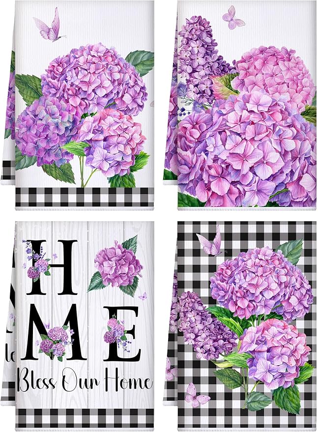 4 Pcs Hydrangea Kitchen Towels Purple Hand Dish Towels Gifts | Butterfly Floral Flower Fast Drying Absorbent Tea Cloths Housewarming Gift for Home Cooking Kitchen Bathroom