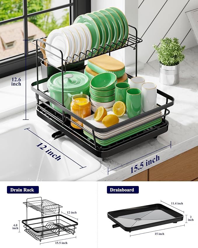 Kitsure Dish Drying Rack for Kitchen Counter, 12''W x 15.5''L, 2-Tiers | Stainless Steel Sink Organization, Cutlery Holder, Home and Appartment Decor Black