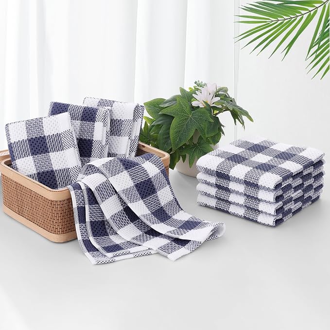 Homaxy Kitchen Towels and Dishcloths Set, Set of 8, Blue & White | Bulk Cotton Waffle Weave Check Plaid Kitchen Towels, Super Soft and Absorbent Dish Cloths, 12 x 12 and 13 x 28 Inches
