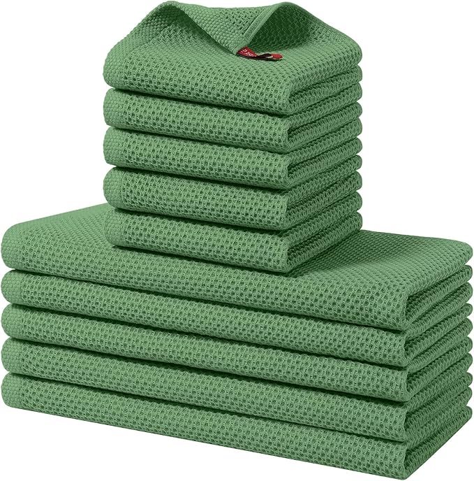 Homaxy 10 Pack 100% Cotton Kitchen Towels and Dishcloths Set, Grass Green | 12 x 12 Inches and 13 x 28 Inches Kitchen Towels Set, Ultra Soft Absorbent Dish Cloths for Washing Dishes