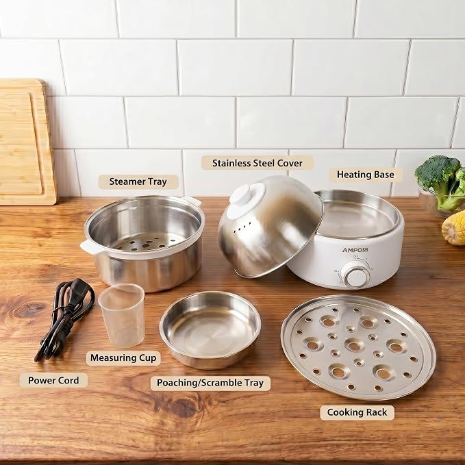 14 Eggs Electric Egg Cooker, 350W Rapid Egg Boiler with 30-Min Timer & Auto Shut-Off, Stainless Steel, Dishwasher Safe for Soft, Medium, Hard Boiled, Steamed Eggs, Vegetables & Seafood, White