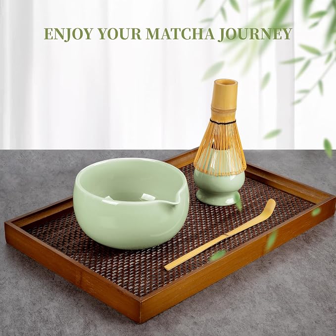 YIBO Matcha Whisk Set, Matcha Kit Bamboo Whisk and Ceramic Bowl with Spout & Measuring Spoon & Cup, Japanese Ceremony Matcha Tea Making Tools Green