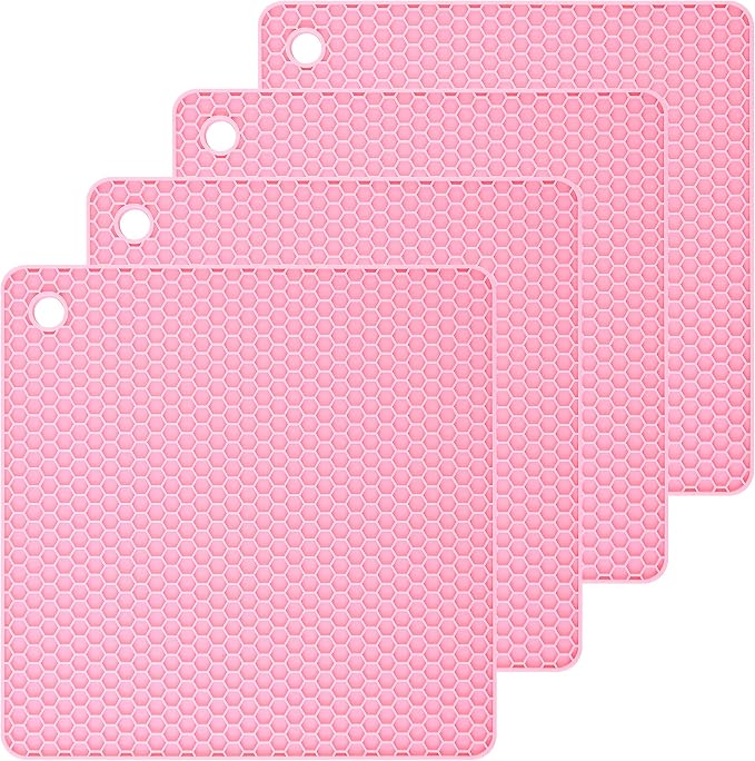 Silicone Trivets Mats Square Silicone Rubber Pot Holder Trivet Mat for Hot Pan and Pot Hot Pads Counter Mat Heat Resistant Tablemat or Placemats 4 Pack,Size:7.5x7.5 Inch, Color: Pink
