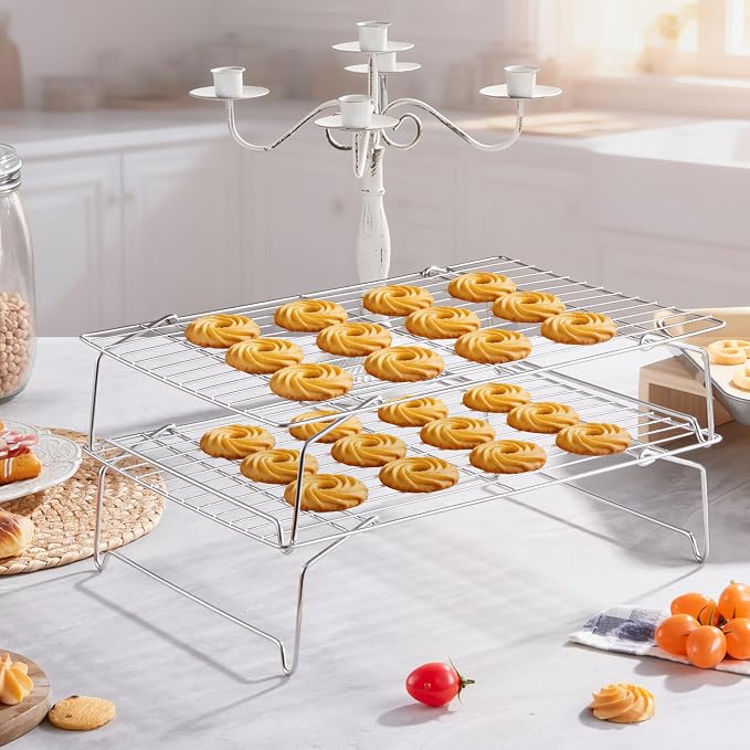 LIANYU Cooling Rack 15"x10" Set of 2, Stackable & Collapsible Cooling Racks | Stainless Steel Wire Baking Racks Fits Jelly Roll Pan, Great for Cooking, Baking, Roasting, Grilling, Oven & Dishwasher Safe