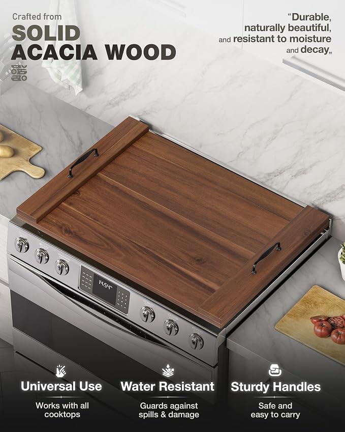 Bluewest Gas Stove Burner Covers, Wooden Noodle Board with Handle, Walnut | Extra-thick wooden RV stovetop and sink cover doubles as a tray, creating extra kitchen counter space for prep and serving.