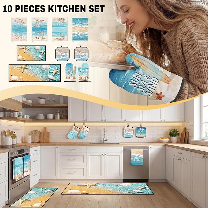 10 Pcs Kitchen Decor and Accessories Set, Beach Coastal | Ocean Summer 4 Dish Towels Kitchen Rugs 2 Oven Mitts 2 Pot Holders, Home Decor for Cooking Baking BBQ Housewarming
