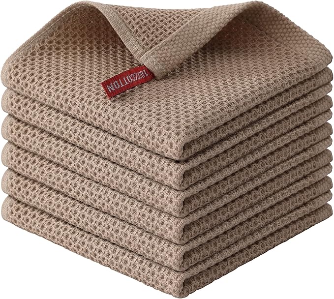 Kitinjoy 100% Cotton Waffle 6-Pack Kitchen Towels, 12" x 12", Tan | Ultra Absorbent, Super Soft, lightweight, Quick Drying Dish Rags for Washing Dishes