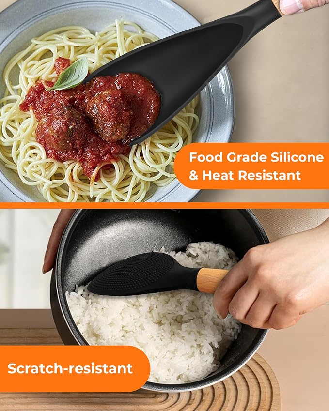 Cooking Spoon Multifunction Spoonula Silicone Spatula Spoon 2-Pack, Dual-Use Heat Resistant 446°F, BPA-Free Non-Toxic Wooden Handle Rice Spoon Set for Non-Stick Cookware & Rice Cookers