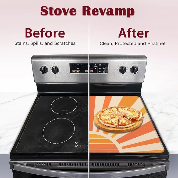 Vintage Boho Sun Stove Top Cover for Electric, Sunrise Sunshine Glass Ceramic Stove Cover, Heat Resistant Flat Stovetop Protector, Dish Drying Mats for Kitchen