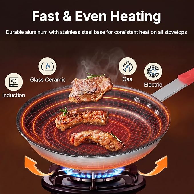 DUMOS 8 Inch Nonstick Frying Pan, Heavy-Gauge Aluminum Skillet with Ceramic Nonstick Coating, Stainless Steel Base & Handle, Omelet Pan for Induction, Electric, Gas, PFAS Free, Oven Safe, Red Handle