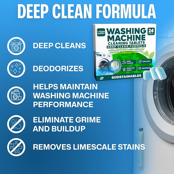 Sudstainables Washing Machine Cleaner Tablets, 24 Count | Eliminates odor, residue and buildup in front load, top load and HE washing machines.