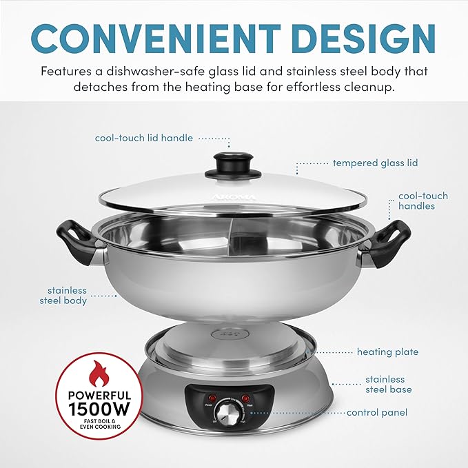 Aroma Housewares ASP-610 Dual-Sided Shabu Hot Pot, 5Qt, Stainless Steel Aroma Housewares 3 Uncooked/6 Cups Cooked Rice Cooker, Steamer, Multicooker, 2-6 cups, Black