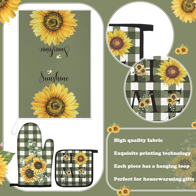Leinuosen 8 Pcs Sunflower Green and White Checkered Kitchen Towels and Dishcloths Sets Pot Holders and Oven Mitts Sets Absorbent Kitchen Gloves Potholders Heat Resistant for Chef Baking Cooking
