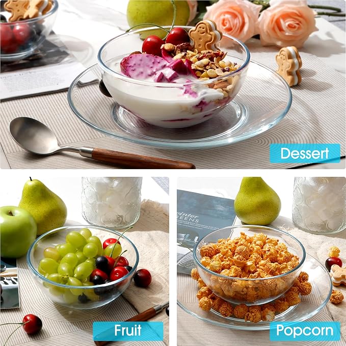 NUTRIUPS 6 Inch Small Glass Bowls Set of 3, 16oz Glass Cereal Bowl Set, Clear Tempered Glass Dessert Bowls for Kitchen Microwave and Oven Safe (6 inch, Set of 3)