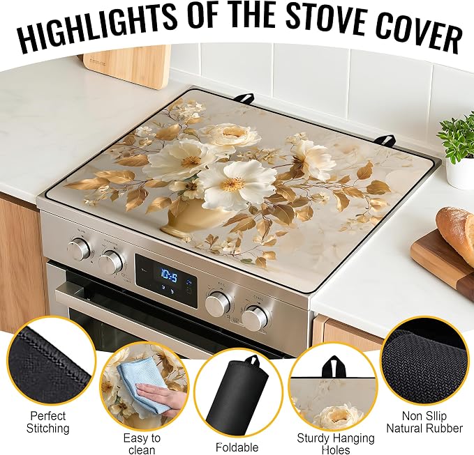 NYZE Gold Leaves & Cream Floral Stove Top Cover for Electric/Glass Stove, Flat Top Cooktop Protector, Electric Cooktop Cover, Extra Counter Space for Kitchen