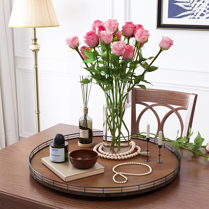 AMH 24-Inch Extra Large Farmhouse Oak Lazy Susan Organizer, Walnut Finish | Smooth rotating oak tray with walnut finish for dining tables, kitchen counters, pantries and cabinet storage.