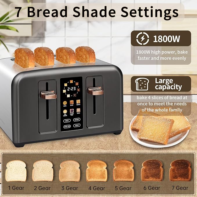 SEEDEEM 4 Slice Stainless Steel Toaster, 1.5" Wide Slots, Dark Metallic | Toaster 4 Slice, 6 Bread Type, 7 Shade Settings, 1.5'' Wide Slots, Cancel/Defrost/Reheat, Removable Crumb Tray, 1800W