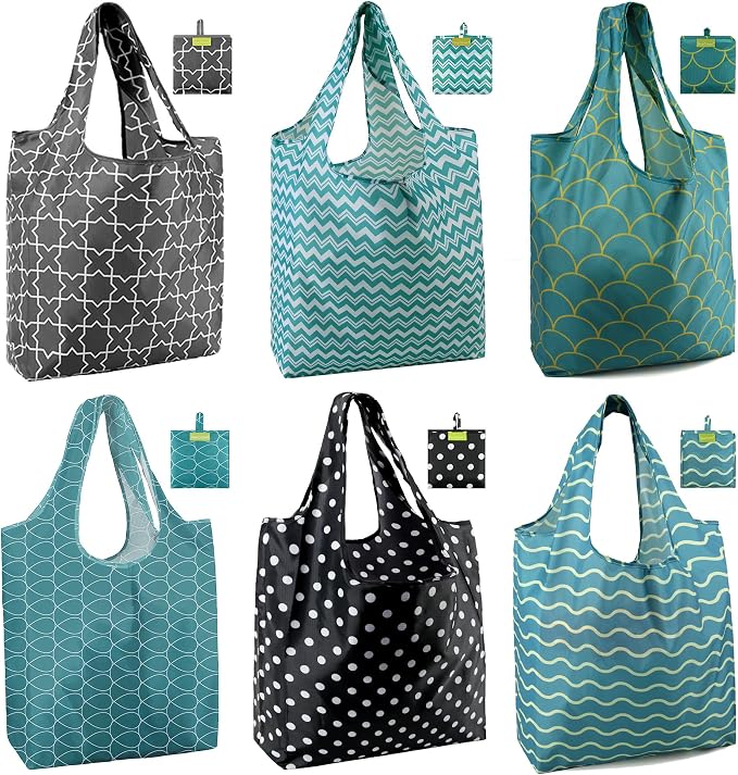 BeeGreen Geometry Reusable Shopping Bags Cute Grocery Bag 6 Pack, Christmas Gift Bags Heavy-Duty Foldable Shopping Totes for Supermarket, Work & Travel, Large Washable Polyester Tote Bag with Handles