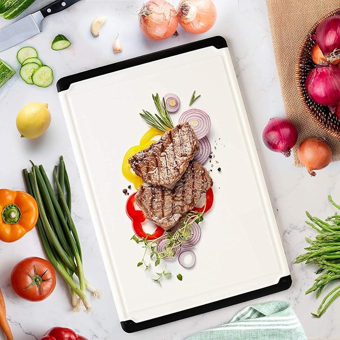 Large Plastic Cutting Board for Kitchen - 18 Inch Reversible Chopping Board | Juice Groove Catches Liquid, Non Slip Feet, Dishwasher Safe, BPA Free, Extra Large for Meat, Vegetables, Fruit, Cheese, Bread