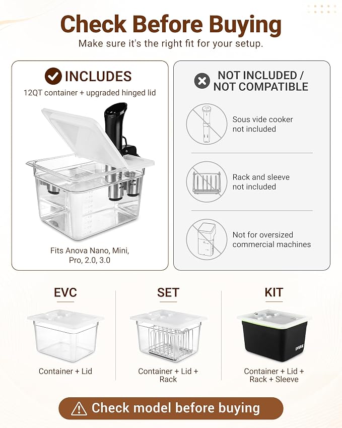 EVERIE EVC-NANO Sous Vide Container 12 Quart with Upgraded Collapsible Hinged Lid, Stronger Split-Hinge Design, Compatible with Anova Nano, AN500-US00, Anova Pro 3.0, Anova Mini, and Instant Pot