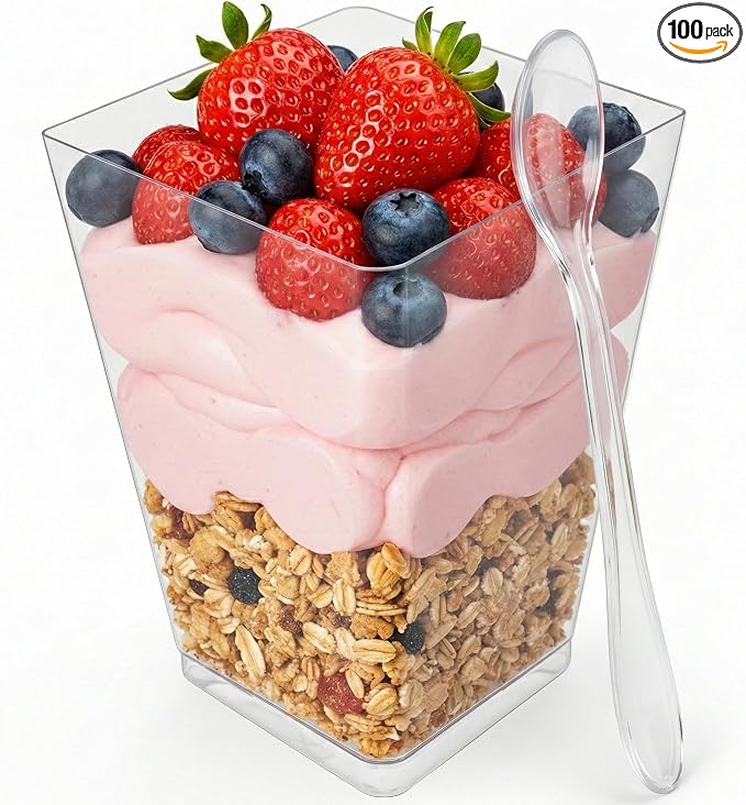 100 Pack 5 oz Plastic Dessert Cups with Spoons, Banana Pudding | 200 pcs serves 100; disposable clear shooters for party, individual yogurt parfait, jello, fruit trifle, mousse, cake