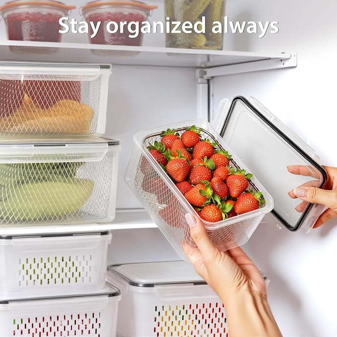 3 PCS Large Fruit storage Containers for Fridge Food Storage Containers | with Removable Colander Leakproof Dishwasher & Microwave safe Produce Containers Keep Fruits Vegetables Berry Fresh longer