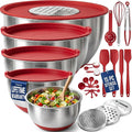 Stainless Steel Mixing Bowls with Lids Set, Metal Nesting Bowls with Airtight Lids, Graters, Non-Slip Base & Measurement Marks, Includes Utensil Set for Prep, Baking & Storage, Red
