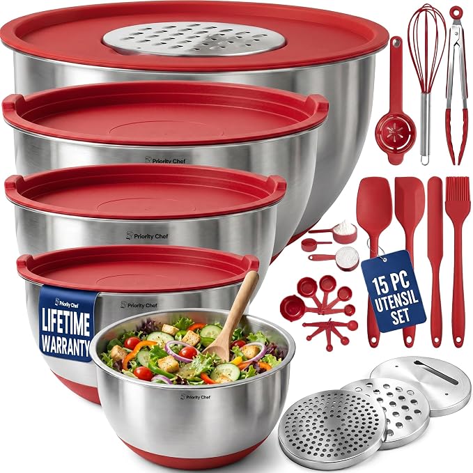 Stainless Steel Mixing Bowls with Lids Set, Metal Nesting Bowls with Airtight Lids, Graters, Non-Slip Base & Measurement Marks, Includes Utensil Set for Prep, Baking & Storage, Red